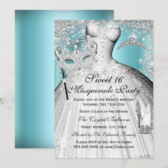 Convite para Festa de 16 Anos Princesa Azul Prata  (Frente/Verso)