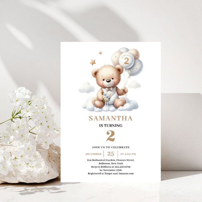 Convite para Festa de 2º Aniversário Tema Urso de  (2nd Birthday Party Invite Teddy Bear Gold Theme)
