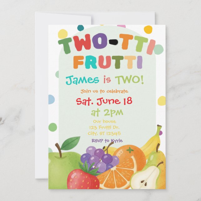 Convite para festa de 2 anos TWO-TTI FRUTTI (Frente)