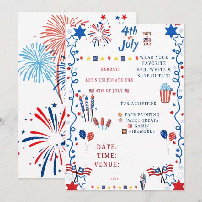 Convite para Festa de 4 de Julho – Vermelho Patrió (Frente/Verso)