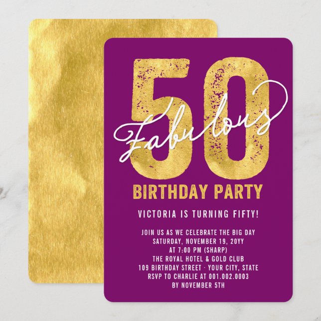 Convite para festa de 50 anos de idade Dourado Cin (Frente/Verso)