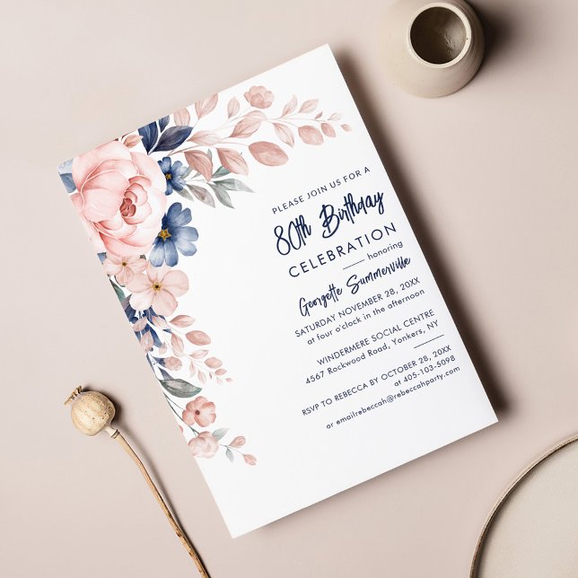 Convite para Festa de 80 Anos com Tema Floral Rosa (Watercolor Pink Floral 80th Birthday Party Invitation)