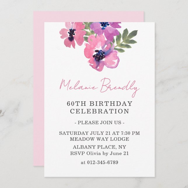 Convite para Festa de aniversário 60, Cor Floral,  (Frente/Verso)