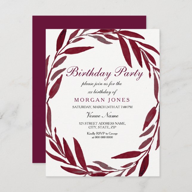 Convite para Festa de aniversário Adulta de Leaf W (Frente/Verso)