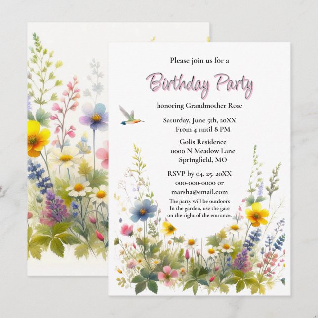Convite para Festa de Aniversário com Flores Silve (Frente/Verso)