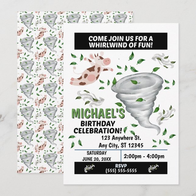 Convite para Festa de Aniversário com Tornado (Frente/Verso)