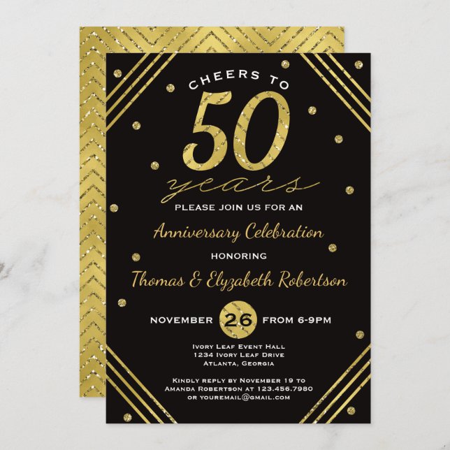 Convite para Festa de Aniversário de 50 Anos, Ouro (Frente/Verso)