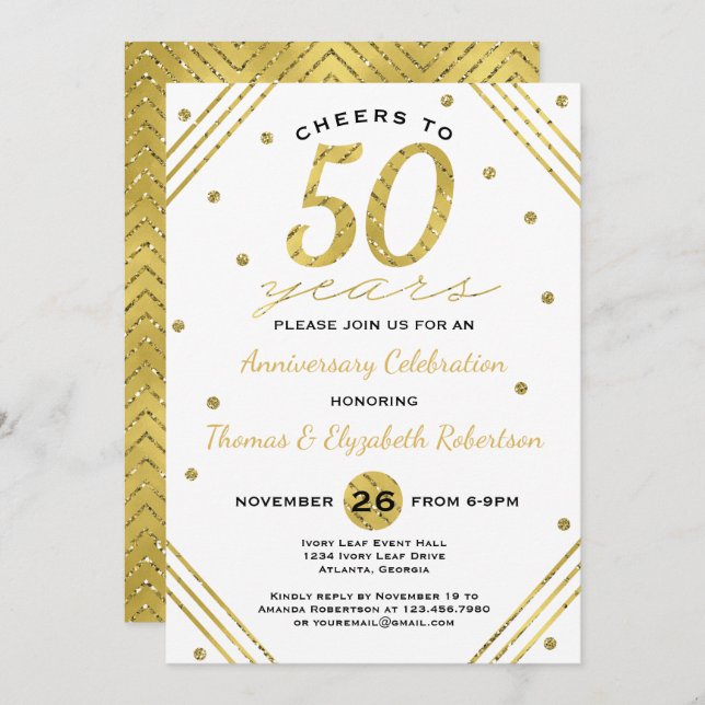 Convite para Festa de Aniversário de 50 Anos, Ouro (Frente/Verso)