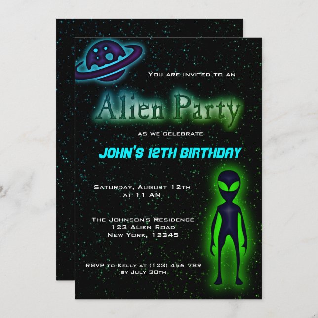 Convite para Festa de aniversário de Alienígena su (Frente/Verso)