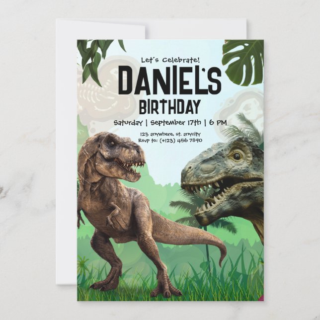 Convite para Festa de Aniversário de Dinossauro, T (Frente)