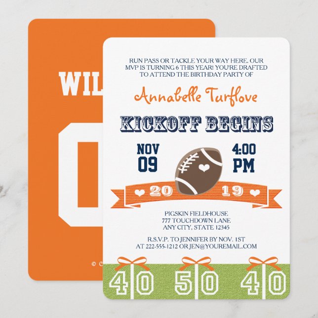 Convite para Festa de aniversário de futebol laran (Frente/Verso)