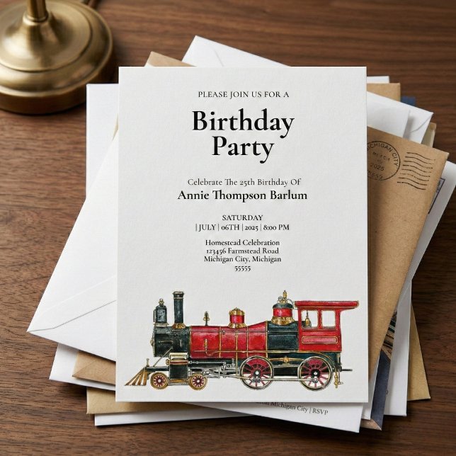 Convite para Festa de Aniversário de Locomotiva a  (Start your train birthday party right here.)