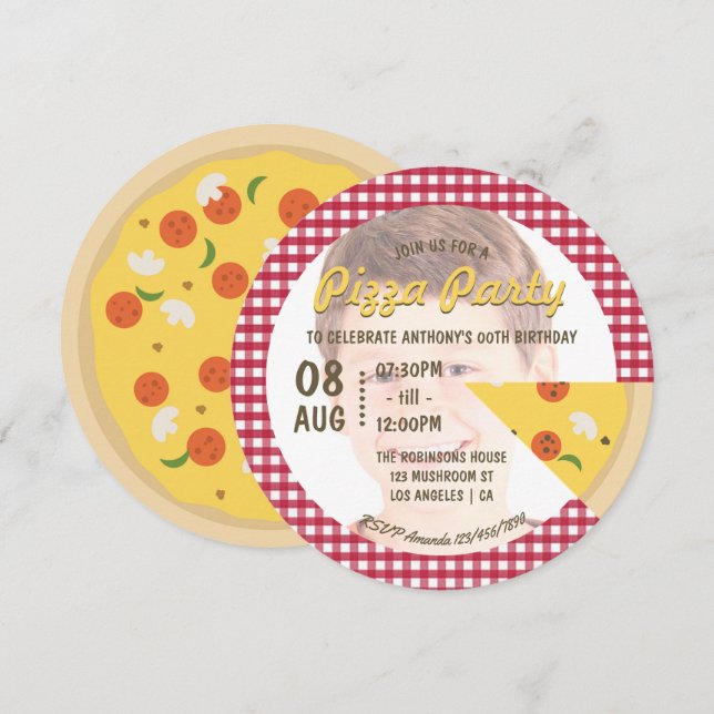 Convite para festa de aniversário de pizza adicion (Frente/Verso)