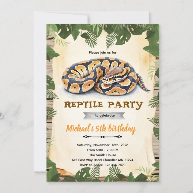 convite para festa de aniversário de réptil python (Frente)