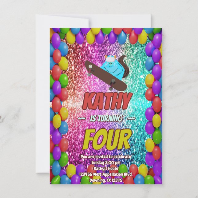 Convite para Festa de aniversário de skate de esqu (Frente)