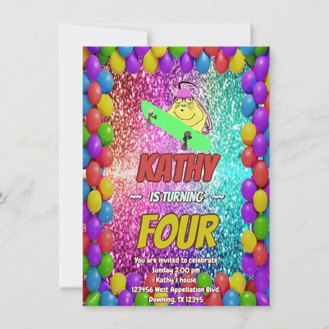 Convite para Festa de aniversário de skate de esqu (Frente)