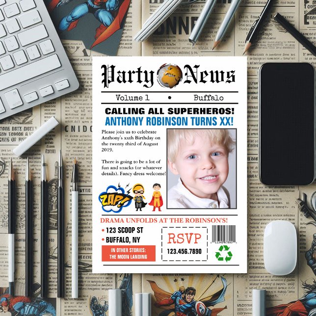 Convite para Festa de aniversário de Super Herói d (Newspaper Superhero Birthday Party photo Invite)