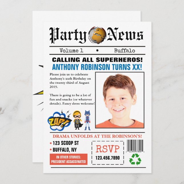 Convite para Festa de aniversário de Super Herói d (Frente/Verso)