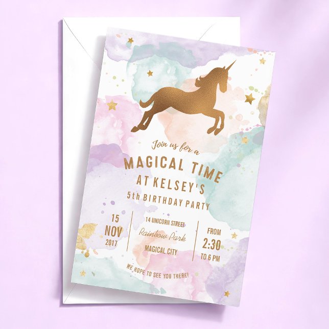 Convite para Festa de Aniversário de Unicórnio (rainbow pastel watercolour unicorn birthday party invitation)