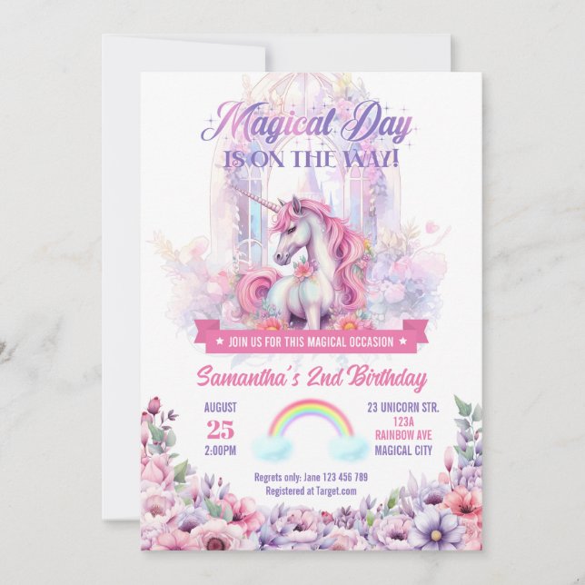 Convite para Festa de Aniversário de Unicórnio e A (Frente)