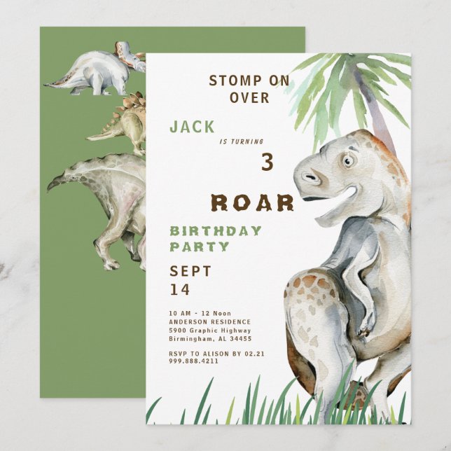Convite para Festa de Aniversário do Dinossauro T- (Frente/Verso)
