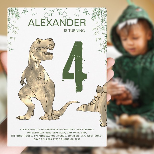 Convite para Festa de Aniversário do Dinossauro T- (Dinosaur boy’s birthday party invitation T-Rex & Stegosaurus dino jungle & modern green typography)