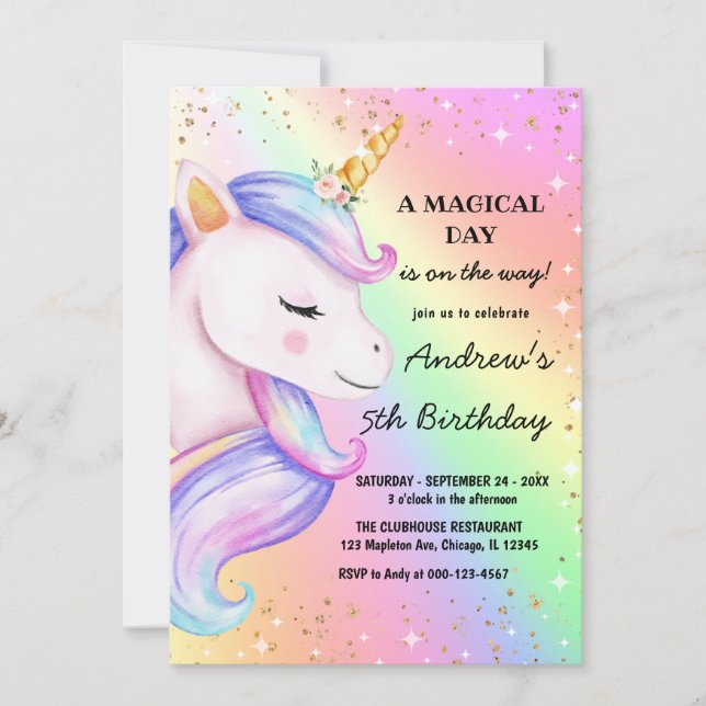 Convite para Festa de aniversário do Unicorn Rainb (Frente)