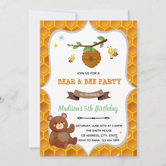 Convite para festa de aniversário do urso e da abe (Frente)