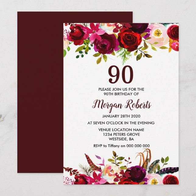 Convite para Festa de aniversário Elegante Floral  (Frente/Verso)