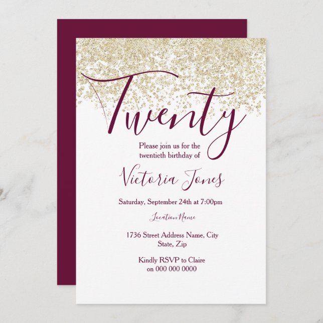 Convite para festa de aniversário Glitter Dourado  (Frente/Verso)