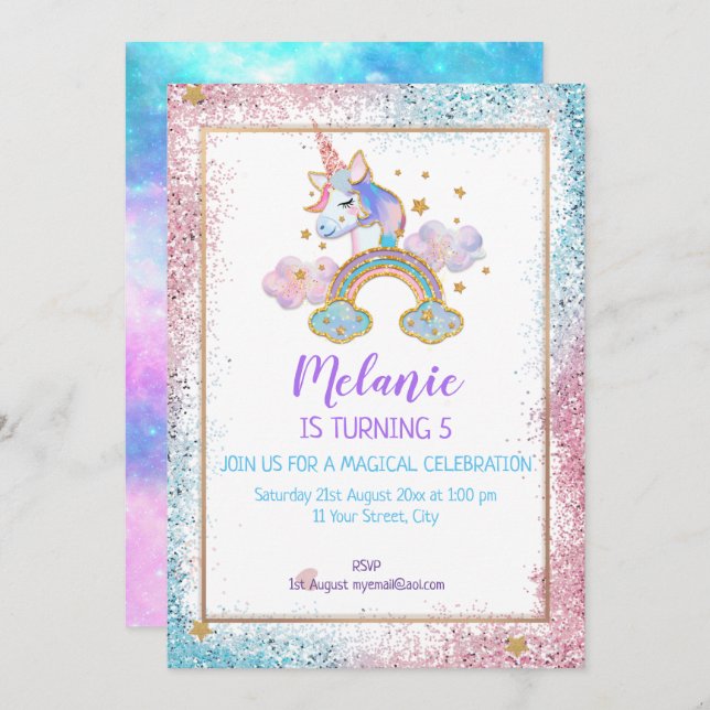 Convite para Festa de aniversário Unicorn (Frente/Verso)