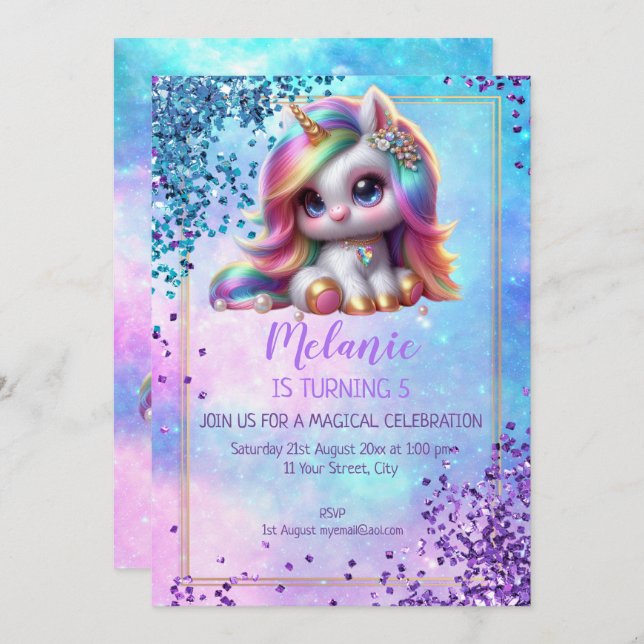 Convite para Festa de aniversário Unicorn (Frente/Verso)