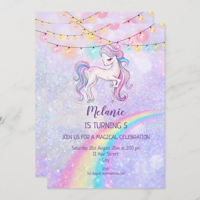 Convite para Festa de aniversário Unicorn (Frente/Verso)