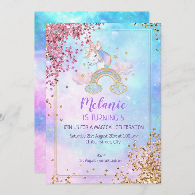 Convite para Festa de aniversário Unicorn (Frente/Verso)