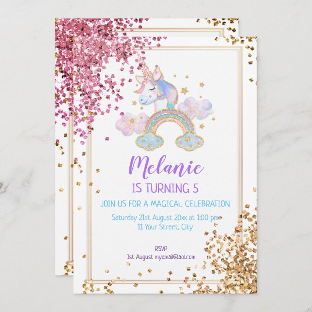 Convite para Festa de aniversário Unicorn (Frente/Verso)