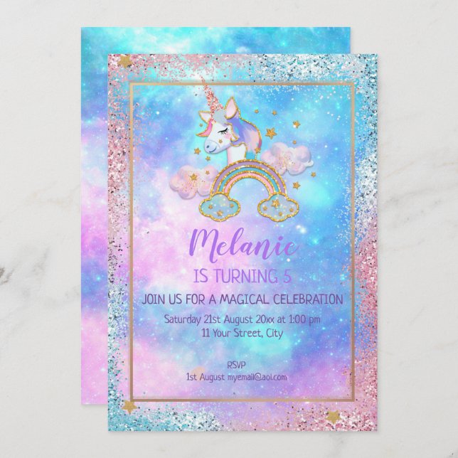 Convite para Festa de aniversário Unicorn (Frente/Verso)