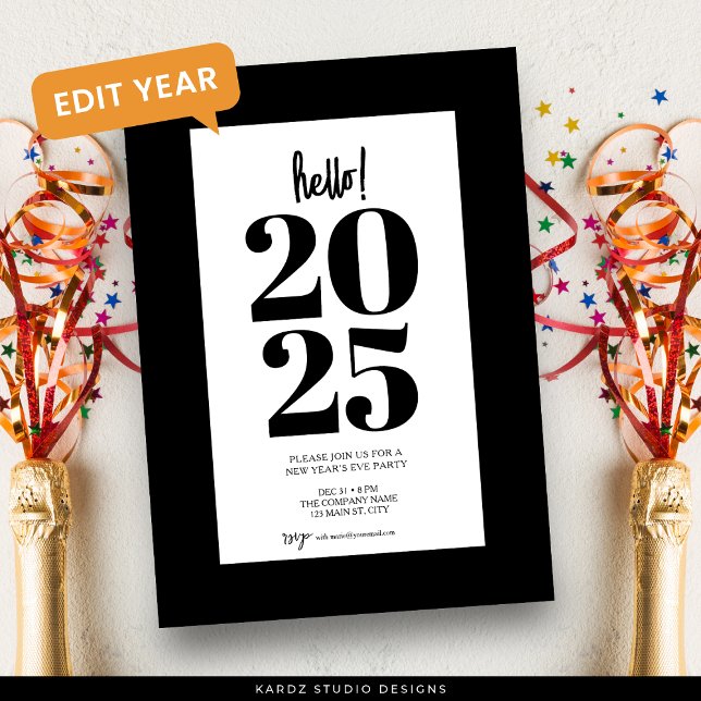 Convite para Festa de Ano Novo Preta Moderna (Invite shown in 5 x 7 inches, choose size, paper and corner style.)