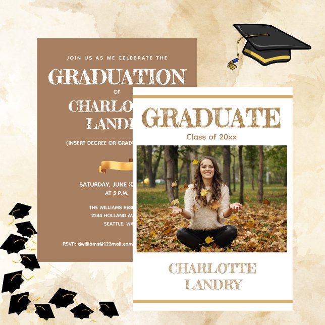 Convite para Festa de Anúncio de Foto de Graduado (Graduate Photo Announcement Party Invitation - Gold Accent)