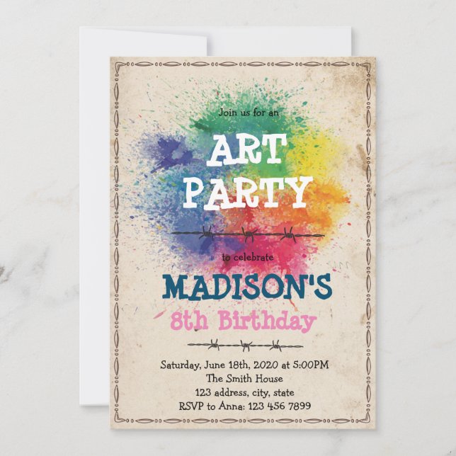 Convite para festa de arte de paintball (Frente)