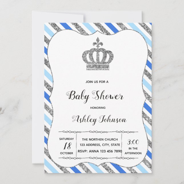 Convite para festa de baby shower azul bebê e prat (Frente)