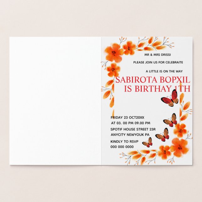 Convite para festa de baby shower com borboleta co (Interior)