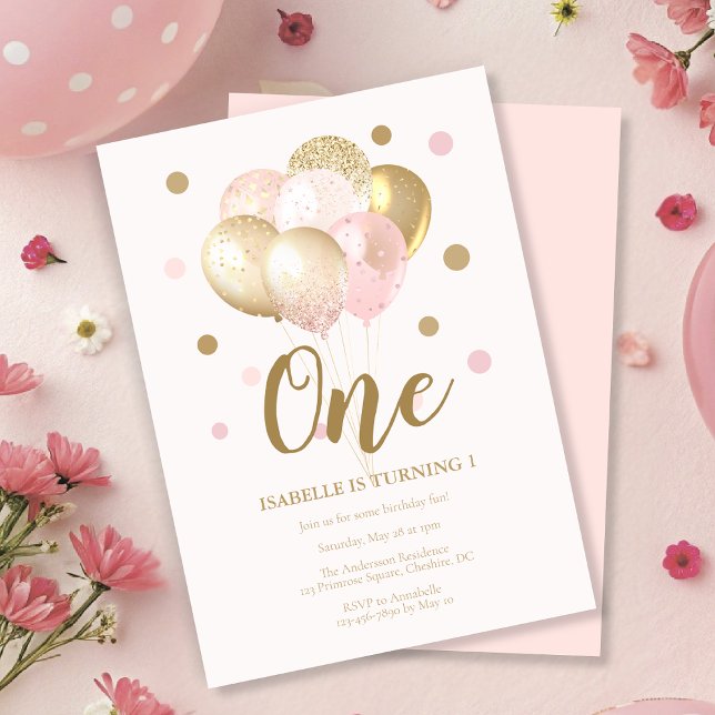 Convite Para Festa de Balões Rosa-Rosa primeiro aniversari (Criador carregado)