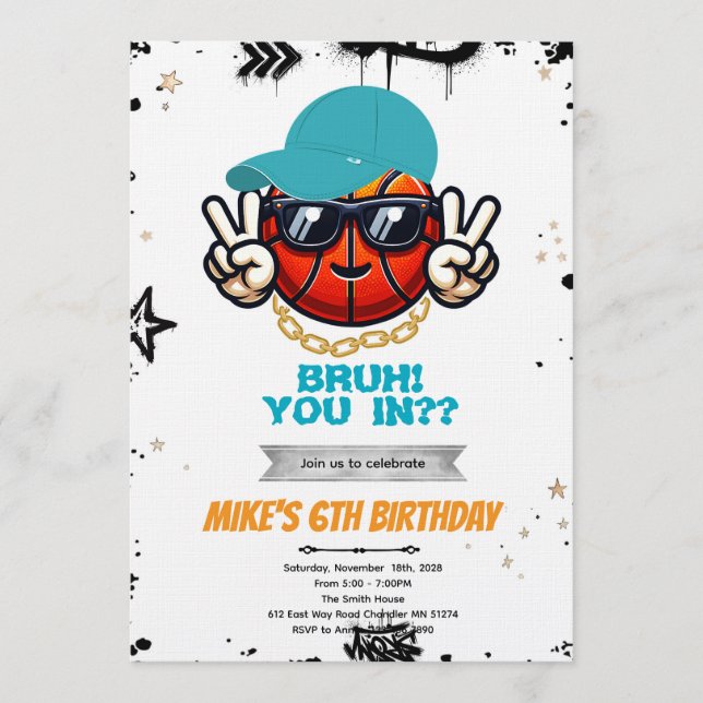 Convite para Festa de Basquete de Adolescente Bruh (Frente)