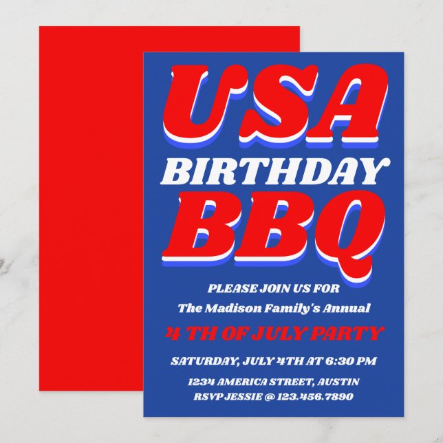Convite para Festa de BBQ Patriótica dos EUA (Frente/Verso)