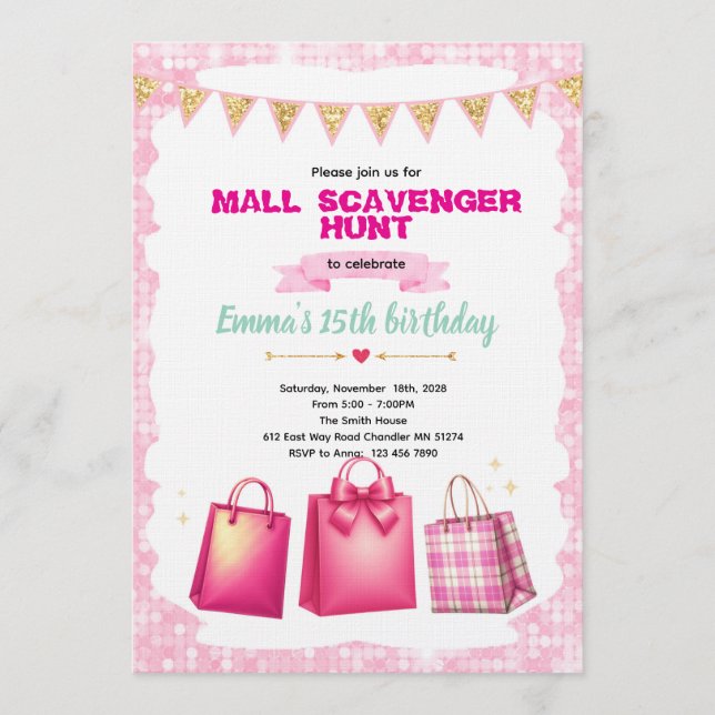 Convite para festa de caça-tesouro no shopping (Frente)