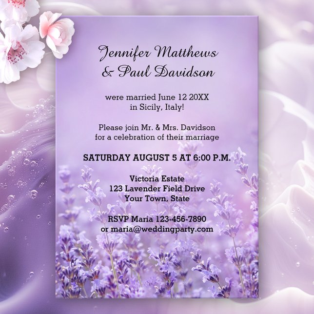 Convite para Festa de casamento de Posto de Lavand (Romantic post wedding party invitation featuring a painting of lavender flowers)