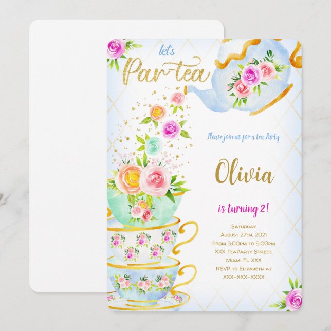 Convite para Festa de Chá de Aniversário Dourado (Frente/Verso)