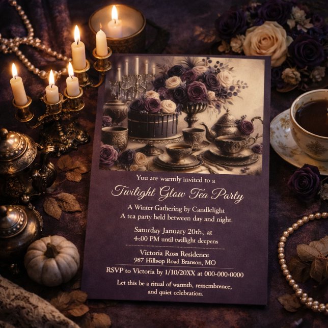 Convite para Festa de Chá Elegante e Melancólico d (Moody winter tea invite styled on a velvet backdrop with candles for an editorial look )