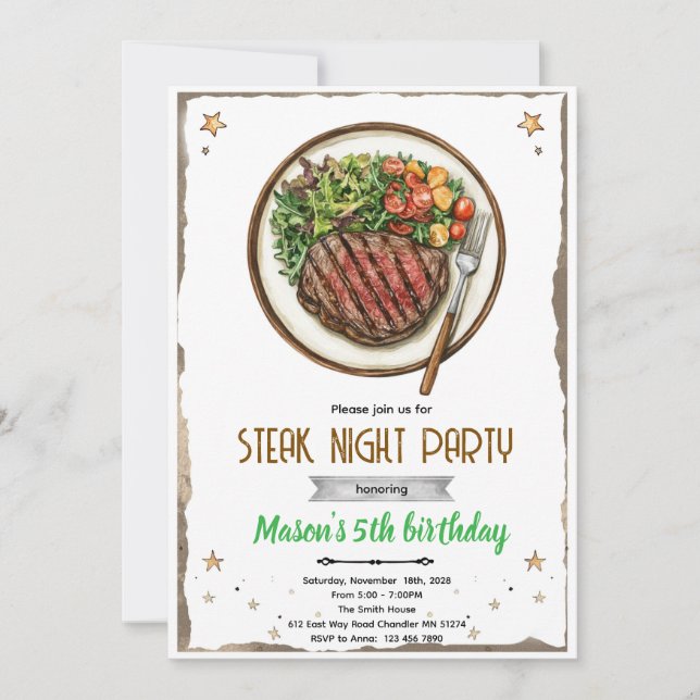 Convite para festa de churrasco à noite com bife (Frente)
