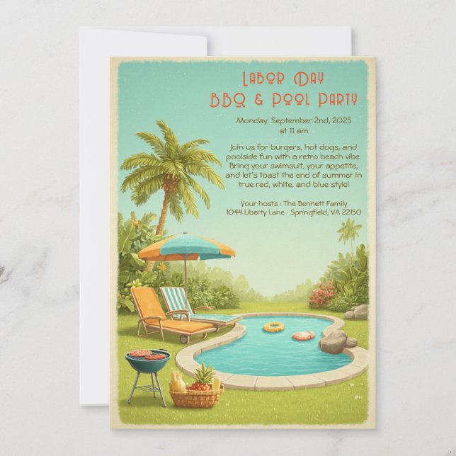 Convite para Festa de Churrasco e Piscina no Dia d (Frente)
